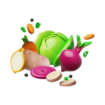 Ripe vegetables with greenery 3D vector composition, natural potatoes, cabbage Stock Illustration