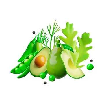 Ripe vegetables with greenery 3D vector composition, peas, avocado, arugula and Illustrazione stock