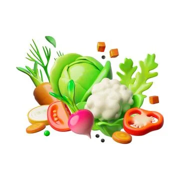 Ripe vegetables with greenery 3D vector composition, volume natural cabbage Stock Illustration