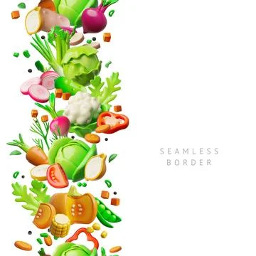 Ripe vegetables with greens 3D plastic style vector seamless border design Stock Illustration