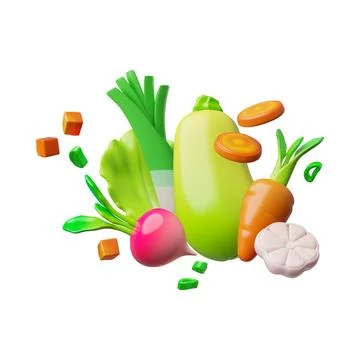 Ripe vegetables with greens 3D vector design, volume zucchini, carrot, beetroot Stock Illustration