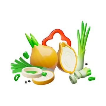 Ripe vegetables with greens 3D vector design, onions and pepper slice, natural Stock Illustration