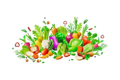 Ripe vegetables with greens 3D vector design, peppers, tomatoes, eggplant Illustrazione stock