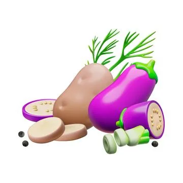 Ripe vegetables with spices 3D vector design, volume potatoes, eggplant, onion Illustrazione stock