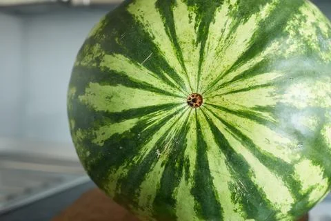 Ripe watermelon on the kitchen table. Close-up. Stock Photos
