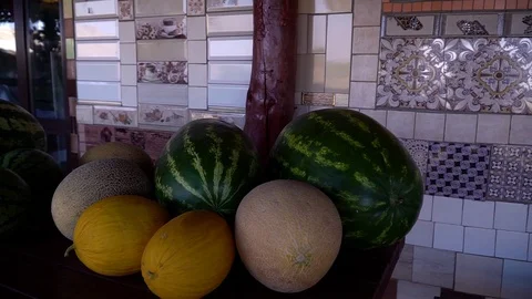 Ripe watermelons are on the table Stockbeeldmateriaal 109603881