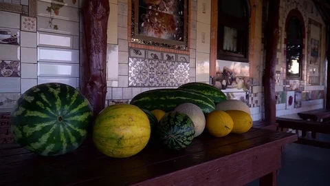 Ripe watermelons are on the table Stock Footage 109603897