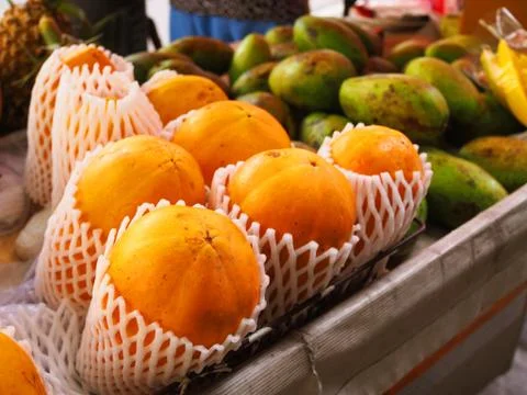 Ripe yellow mango packed in polystyrene foam mesh, piled up 库存照片