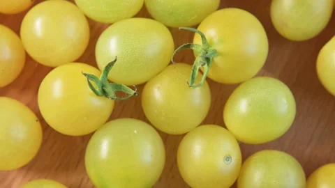 Ripe yellow organic small cherry tomatoes rotate on wooden board top view Stockbeeldmateriaal 205551815