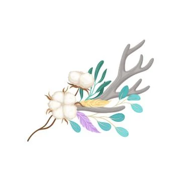 Ripened cotton and antler. Vector illustration on white background. Stock Illustration