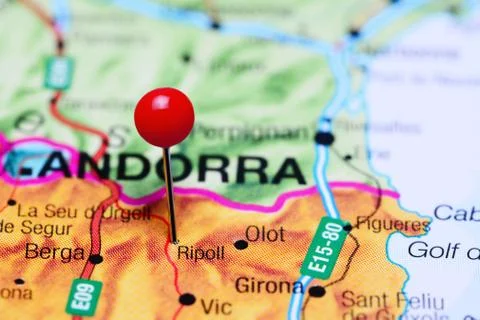 Ripoll pinned on a map of Spain Foto stock