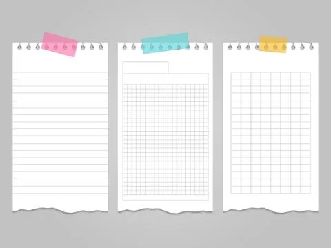 Ripped lined notebook pages templates for notes or memo Stock Illustration