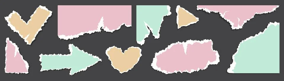 Ripped paper notes set isolated on black Stock Illustration
