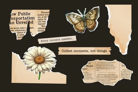 Ripped paper set, collage of notebook sheets, old newspaper. butterfly and .. 스톡 일러스트