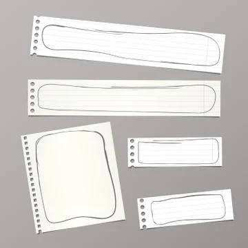 Ripped white notebook, note, copybook paper sheets with doodle frames, stuck on Stock Illustration