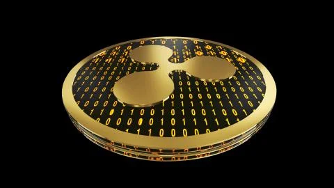 Ripple, close up view of cryptocurrency coin with binary code, bottom view Stock Illustration