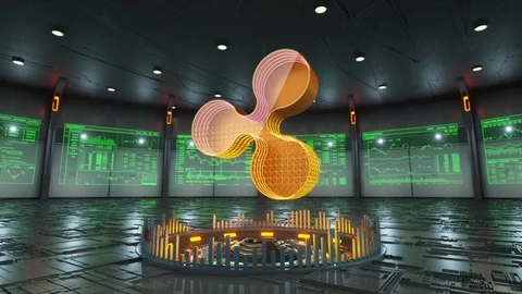 Ripple crypto currency surrounded by screens appears in the middle of the room Stock Footage 86874443