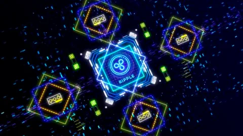 Ripple cryptocurrency token exchange concept 3d illustration. Neon lights Stock Illustration