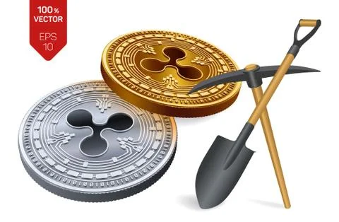 Ripple mining concept. 3D isometric Physical bit coin with pickaxe and shovel Illustrazione stock