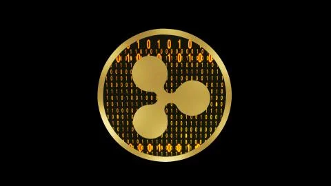 Ripple symbol, close up view of cryptocurrency coin with binary code, front view Stock-Illustration