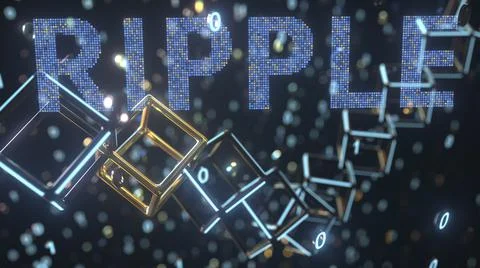 RIPPLE text and cubic chain and binary numbers. Cryptocurrency concept, 3D Stockillustratie