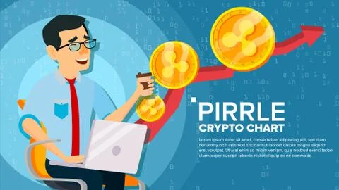 Ripple Up Trend, Growth Concept Vector. Trade Chart. Virtual Money Happy Man Illustrazione stock