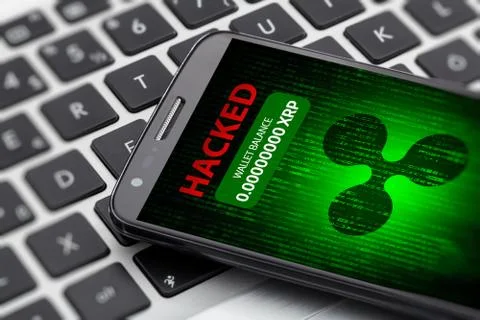 Ripple wallet hacked message on smart phone screen. cryptocurrency theft conc Stock Illustration