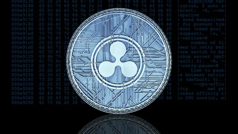 Ripple XRP token in blue against a crypto miner hex dump in the background Stock Footage 105344467