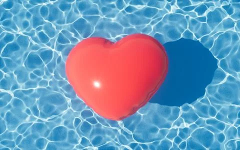 Rippled water surface and floating heart balloon, 3d rendering. Illustrazione stock