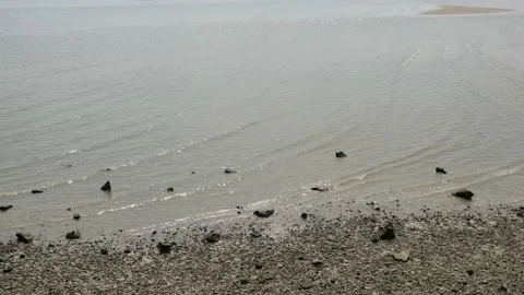 Ripples of small gray waves were splashing the muddy shore Stock Footage 153744348