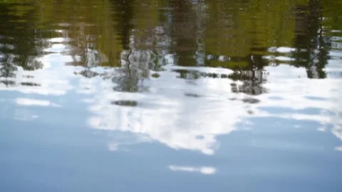 Ripples on surface of water in river with reflection of clouds, sky and trees. Stock Footage 246682325