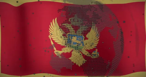 Rippling red flag starting drifting dots rotating globe behind emerging eagle Stock Footage 311550467