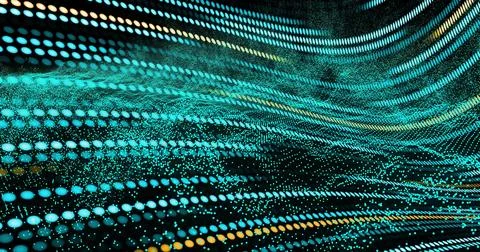 Rippling turquoise dots and particles flowing diagonally in 3D space with Stock Illustration