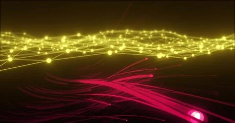 Rippling yellow node mesh flowing across midplane in abstract data field, Illustrazione stock