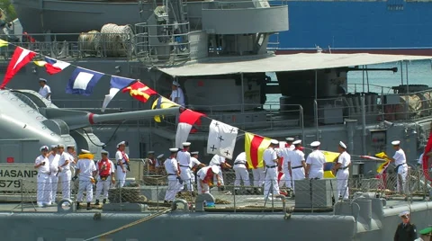 The rise of flags on Turkish warship. Stock-Footage 5392620
