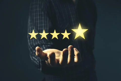 Rise on increasing five stars in human hand, Increase rating evaluation cla.. Illustrazione stock