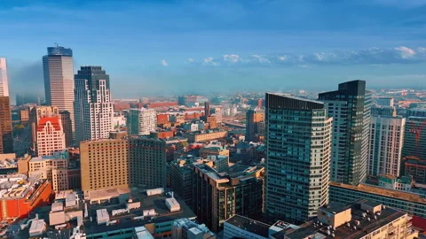 Rise over the dense architecture of Boston, MA, USA on sunny day Stock Footage 308880887