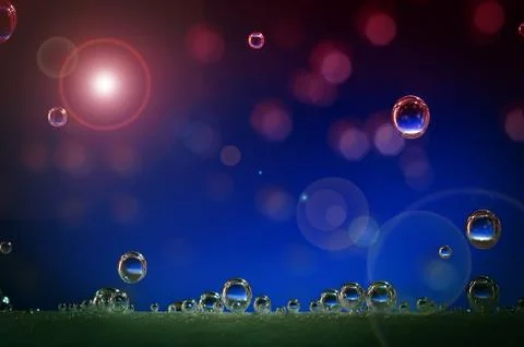 The rise of transparent bubbles on a blue background. blurred bokeh from the red Stock Illustration