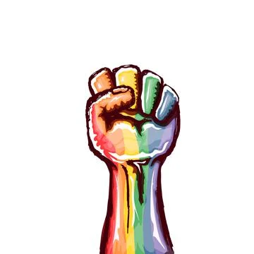 Rised LGBT fist colored in lgbt flag isolated on white background. lgbt month or Stock Illustration