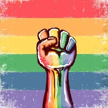 Rised LGBT fist colored in lgbt flag isolated on pride flag background. lgbt Stock Illustration