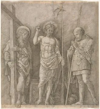 The Risen Christ between St Andrew and Longinus, early 1470s. Andrea Manteg.. Stock Illustration