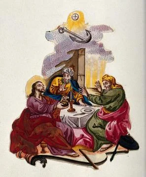 The risen Christ breaks bread with two disciples at Emmaus and is recognize.. Stock Illustration