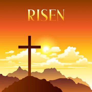 Risen. Easter illustration. Greeting card with cross and clouds. Stockillustratie