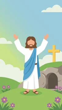 Risen Jesus with Cross and Empty Tomb Easter Christian Illustration Backgroun Stock Illustration
