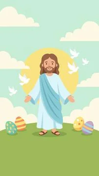 Risen Jesus with Easter Eggs and Doves Christian Easter Celebration Campaig.. Stock Illustration