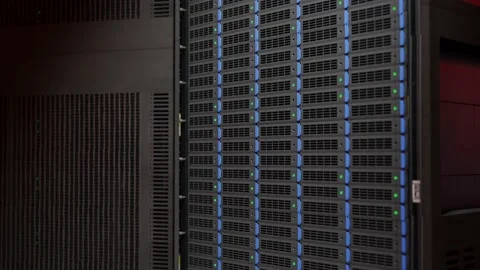 Riser shot of computer servers in warehouse - blinking red lights error Stock Footage 232753833