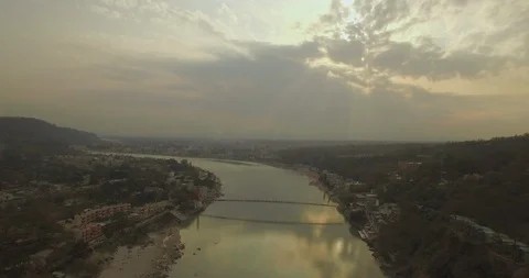 Rishikesh and Ganges River Aerial View Video stock 90402085