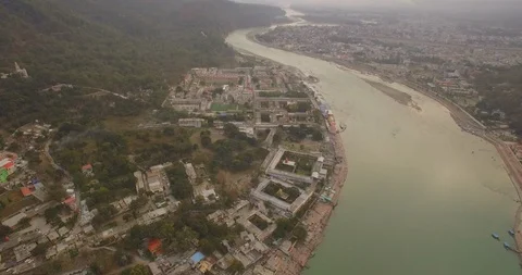 Rishikesh and Ganges River Aerial View - Ashrams Stock-Footage 90402092