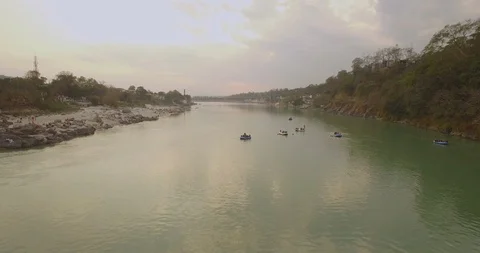 Rishikesh and Ganges River Aerial View Stock Footage