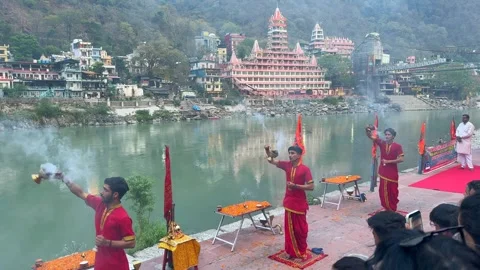 Rishikesh, India - April 10, 2025 - Ganga aarti ceremony Stock Footage 315877075